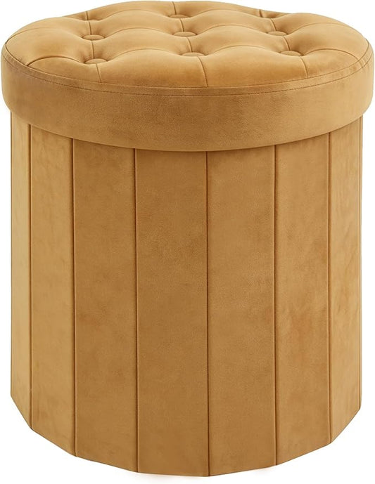 CAROLMADE Round Storage Ottoman,Velvet Folding Footrest Stool with Thicker Foam Padded Seat,Versatile Vanity Stool for Living Room,Bedroom or Dorm,Orange