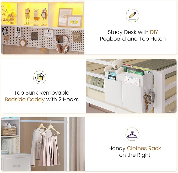 DICTAC Full Loft Bed with L-Shaped Desk,Bookshelf and Charging Station Metal Loft Bed Full Size with 6 Storage Drawers,Open Shelves and Hutch,Teens loft beds with Led Lights and Safety Guardrail,White