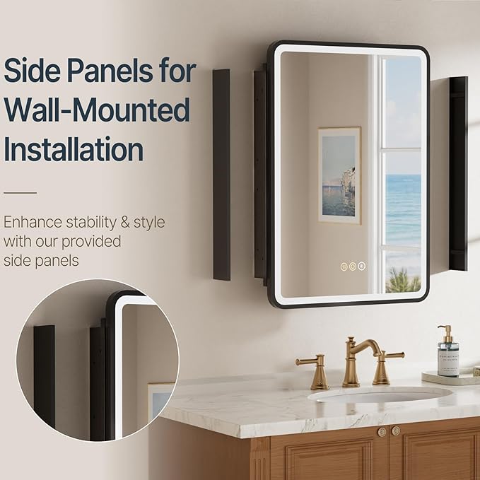 24x30 Inch Medicine Cabinet with Mirror, Recessed or Surface Mount Bathroom Medicine Cabinet with LED Lights, Anti-Fog, Memory Function, Adjustable Shelf, Dimmable Light, ETL Listed, Black,Left Hinge
