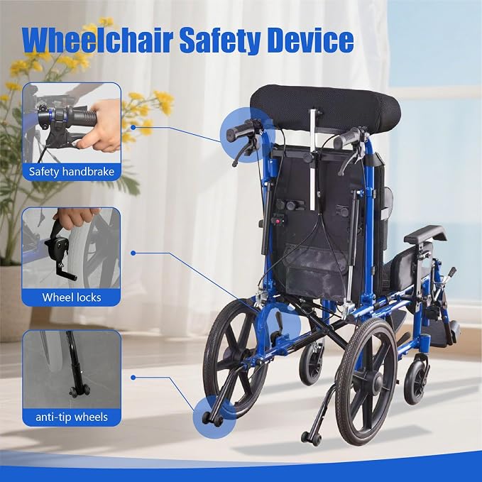 High Back Functional Wheelchair for Children and Teenagers with Cerebral Palsy 16 Inch Seat Width 180 Degree Recline Removable Dining Board Blue