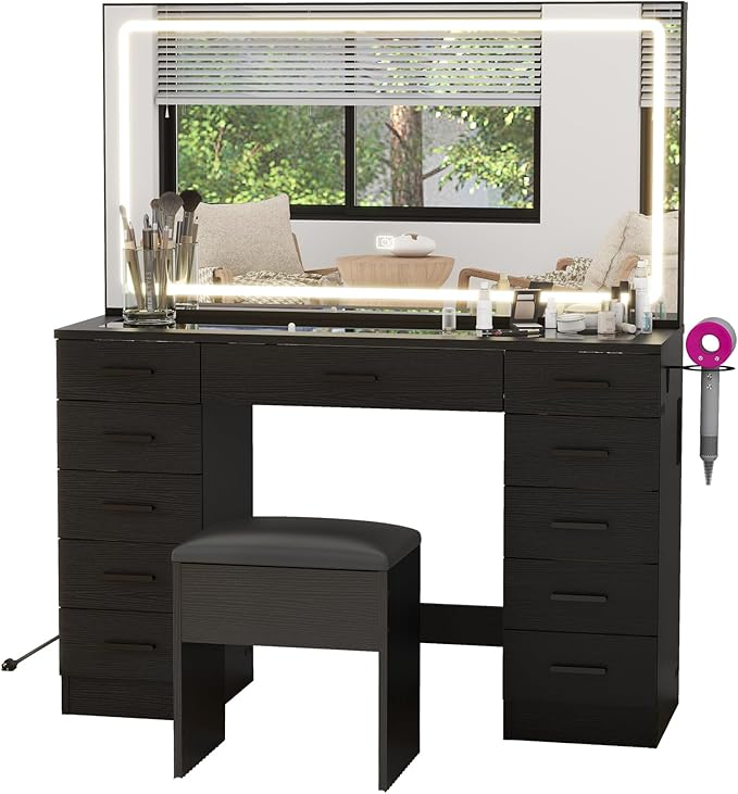 Panana Vanity Desk with 11 Drawers, Glass Top Makeup Table with Mirror and LED Lights Vanity with Stool 3 Lighting Modes Brightness Adjustable Dressing Table with Power Outlet (Black)
