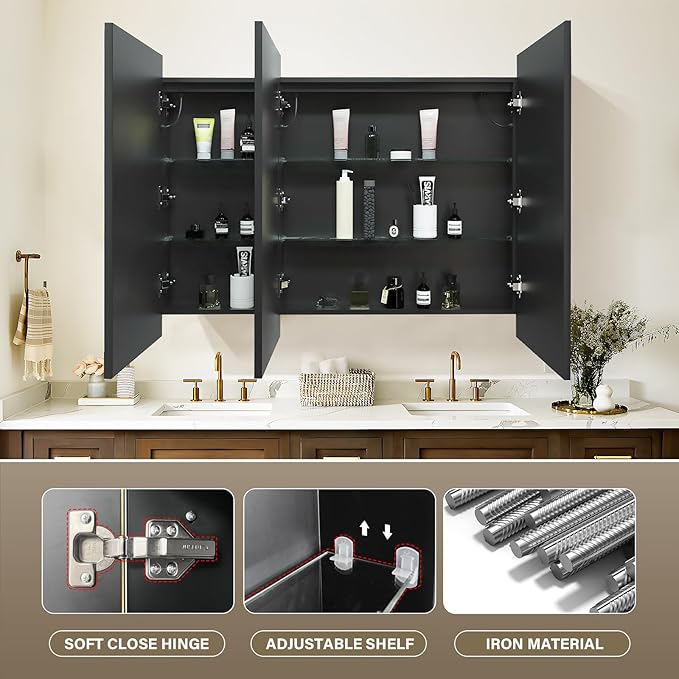 48×32inch Medicine Cabinet with Light,Recess Medicine Cabinet for Bathroom,3 Color,Dimmable,Demister,Detachable Side Plate for Recess Mount or Surface Mount