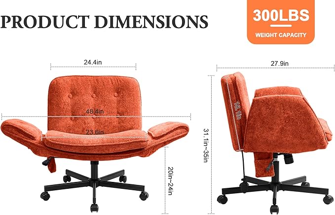 Criss Cross Chair with Lumbar Airbag & Folding Arms Relieve Back Pain, Wide Cross Legged Office Chair for Home Office, Comfy Swivel Desk Chair with Wheels, 5 Level Adjustable Armrest, Chenille(Orange)