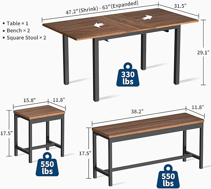 Garvee 5 PCs Extendable Dining Table Set for 4-8 People, 63 in Kitchen Table with 2 Benches & 2 Stools, Modern Dining Room Furniture, Easy Assembly Metal Frame