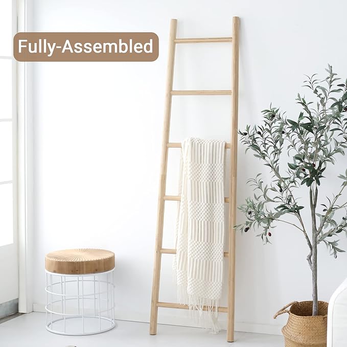 FUIN Fully Assembled 6ft Bamboo Blanket Ladders Living Room Wood Decorative Wall Leaning Farmhouse Quilt Display Holder Rustic Wooden Towel Rack for Bathroom, Unfinished