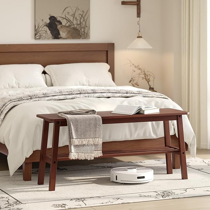 VINGLI Solid Wood Dining Bench 39" Wooden Bench for Entryway, Bedroom, Kitchen & Living Room, with Shoe Rack Storage, Walnut