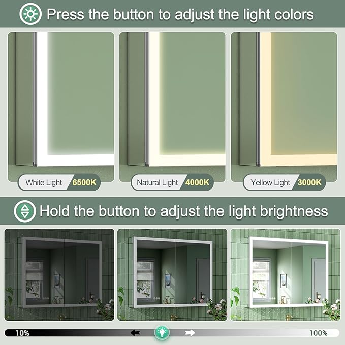 40x30 Inch Medicine Cabinet with Lights, AL Alloy Frame, Plug-in or Hardwired, Recessed or Wall Mount, Mirror Doors/3 Colors/Dimmable/Interior Sensor Light/Defog,2 Outlets & USBs,2 Shelves