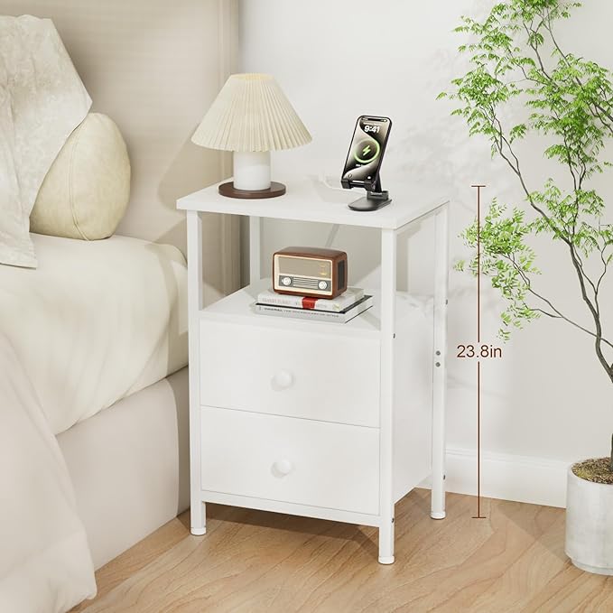 LOAKEKEL Night Stand, Nightstand with Charging Station, Slim Industrial Bedside Table with 2 Fabric Drawers, Small End Table with USB & Type-C Ports for Bedroom, White, HETS020WT-1