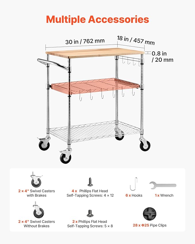 VEVOR Kitchen Utility Cart, 3 Tier Heavy Duty Adjustable Wire Storage Rack with Wood Tabletop and Handle Bar, Rolling Portable Service Trolley on Wheels, 661 lbs Steel Work Table, 30x18x36 in