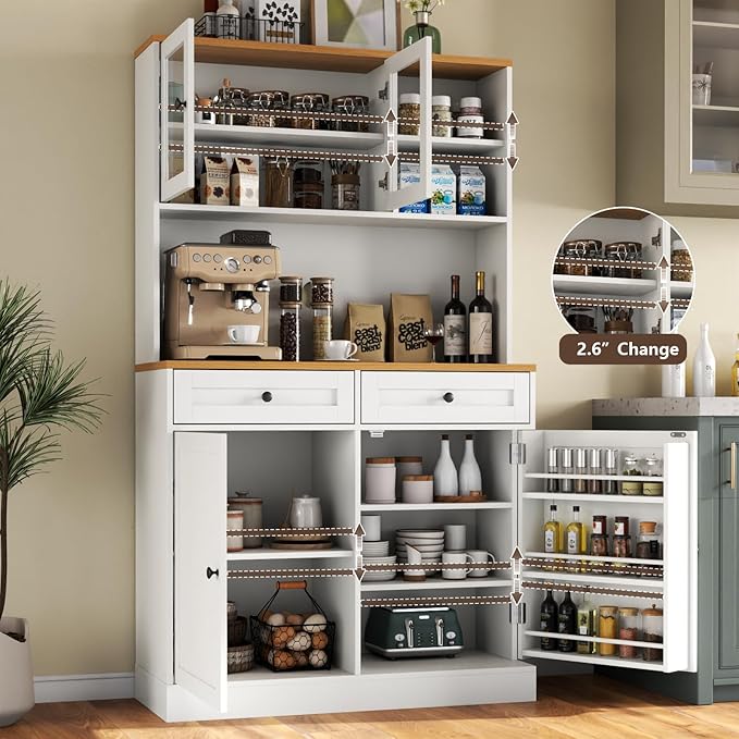 Tall Pantry Cabinet, Modern Kitchen Hutch with Microwave Stand, Kitchen Pantry Storage Cabinet with 2 Darwers & Door Shelf, Food Pantry with Glass Doors & Adjustable Shelves for Dining Room, White