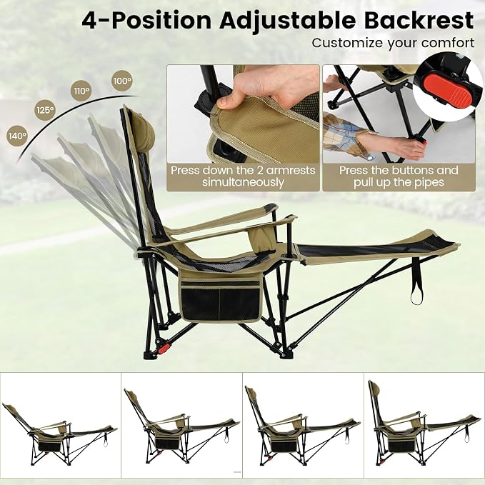 GYMAX Reclining Camping Chairs with Footrest, Lightweight Foldable Camping Chairs with Cup Holders, Adjustable Backrest, Headrest, Heavy Duty Camp Chair for Adult Outdoor Fishing Beach (Khaki,2)