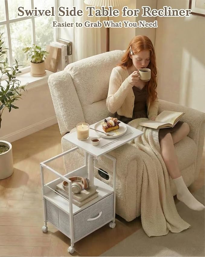 Faesun Swivel Lift Top Nightstand with Charging Station, Rolling Side Table for Recliner, Bedside Table with Wheels & a Fabric Drawer, for Small Spaces, for Bedroom, Living Room, White Gray