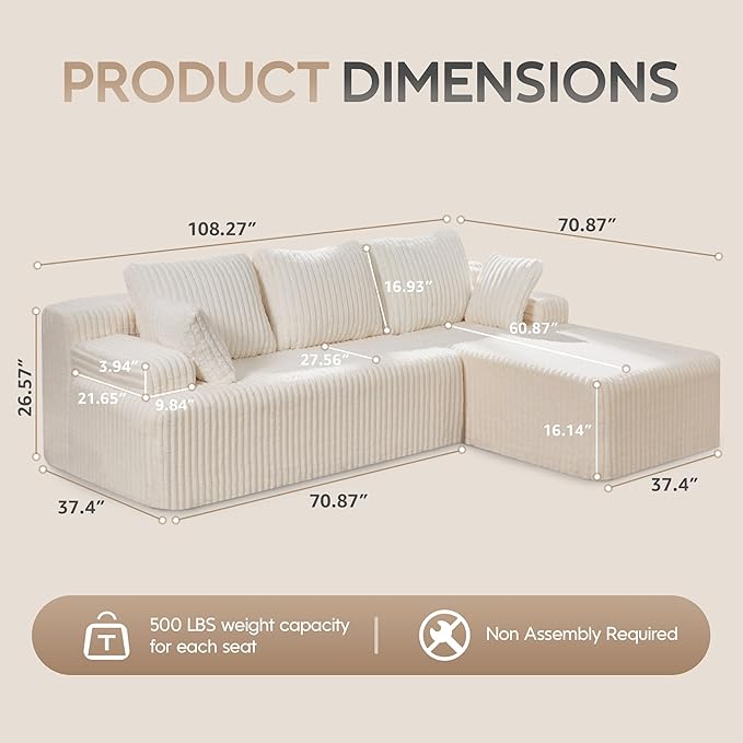 Hobestluk Modular Sectional Sofa Boneless Couch L-Shape Couch 3 Seat Modular Couch Memory Foam Sectional Couches for Living Room Furniture, Cloud Couch with Oversized Chaise (108" Right Facing Chaise)