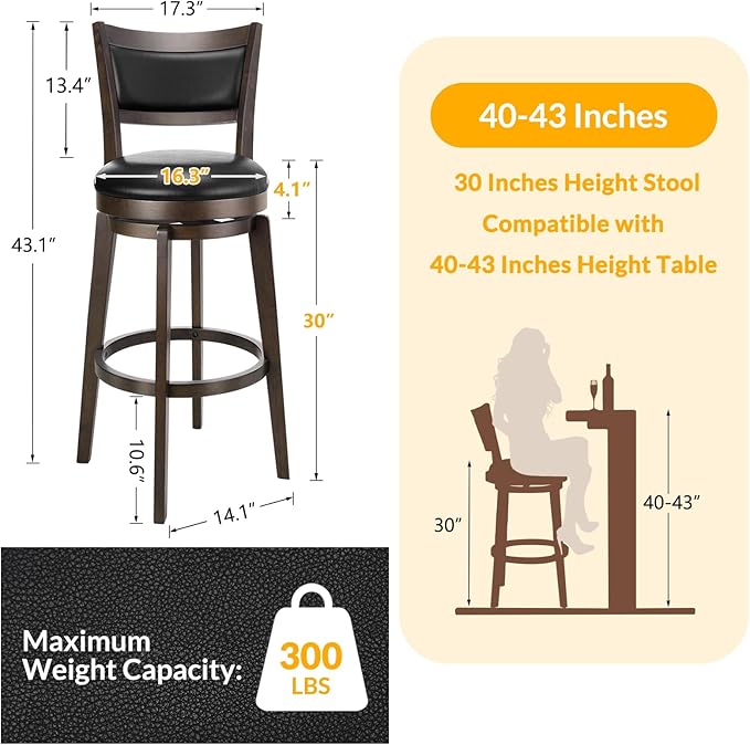 PrimeZone Swivel Bar Stools Set of 8, 30 Inch Bar Height Barstools, Black Faux Leather Bar Stool with High Backrest & Solid Wood Legs & Wrap-Around Footrest, Counter Stools for Kitchen Island, Pub