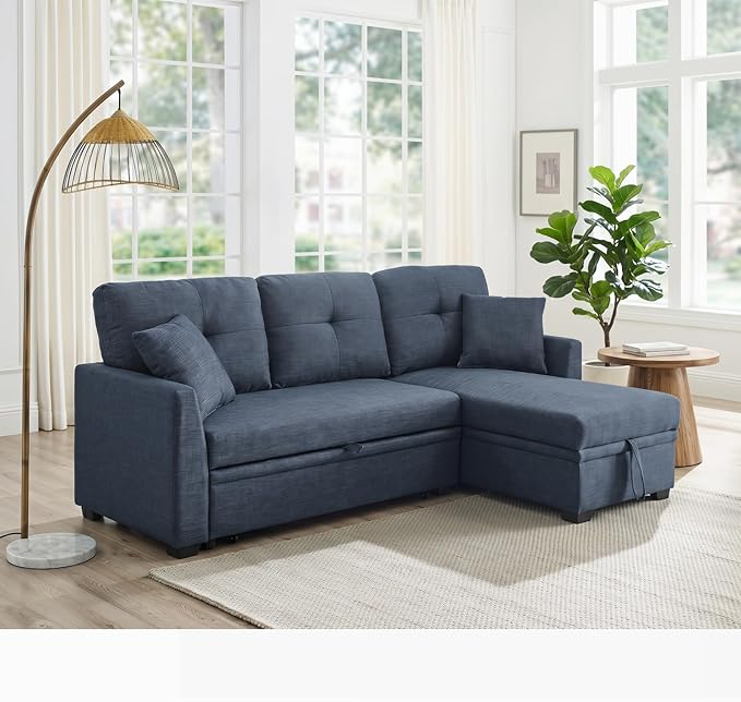 Convertible Sofa Bed, L Shape Sleeper Sofa with Reversible Storage Chaise, Tufted Fabric Sectional Sleeper Sofa with Pull Out Bed for Small Space, Living Room, Apartment, Dark Blue