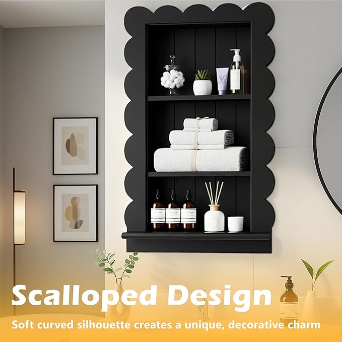 Royxen 14"x18" Recessed Medicine Cabinet, 2-Tier Wooden Bathroom Wall Cabinets Without Mirror,Scalloped Large Medicine Cabinet Niche for Bathroom Storage Organizer (Black, 18 x 24 Inch)