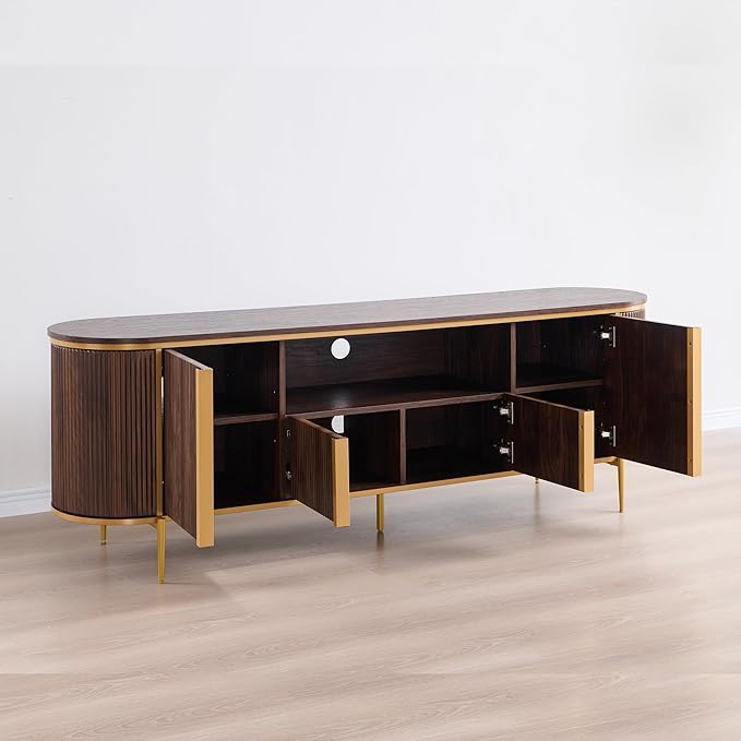 OKD 70" Fluted TV Stand with Storage, Faux Marble Top Entertainment Center for TVs Up to 80", Modern Curved Edge Media Console Cabinet for Living Room, Dark Walnut