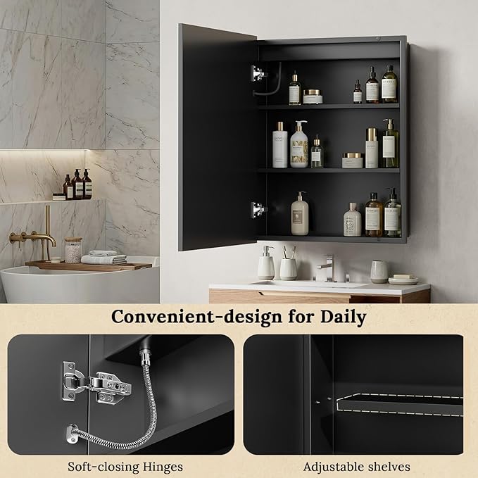 16"X24" Bathroom Medicine Cabinet with Mirror, LED Lighted Medicine Cabinet with Anti-Fog, 3 Colors Temperature Stepless Dimmable, Metal Cabinet for Storage and Mordern Decor, Black