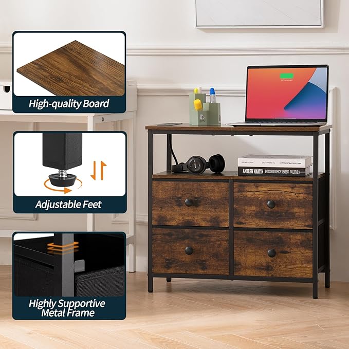 Yoobure Night Stand with Charge Station, Nightstand with 4 Drawers Bedside Table, LED Dresser with Storage Shelf, Night Stands for Bedroom, Side Table 3-Tier Wood End Table for Home Rustic Brown