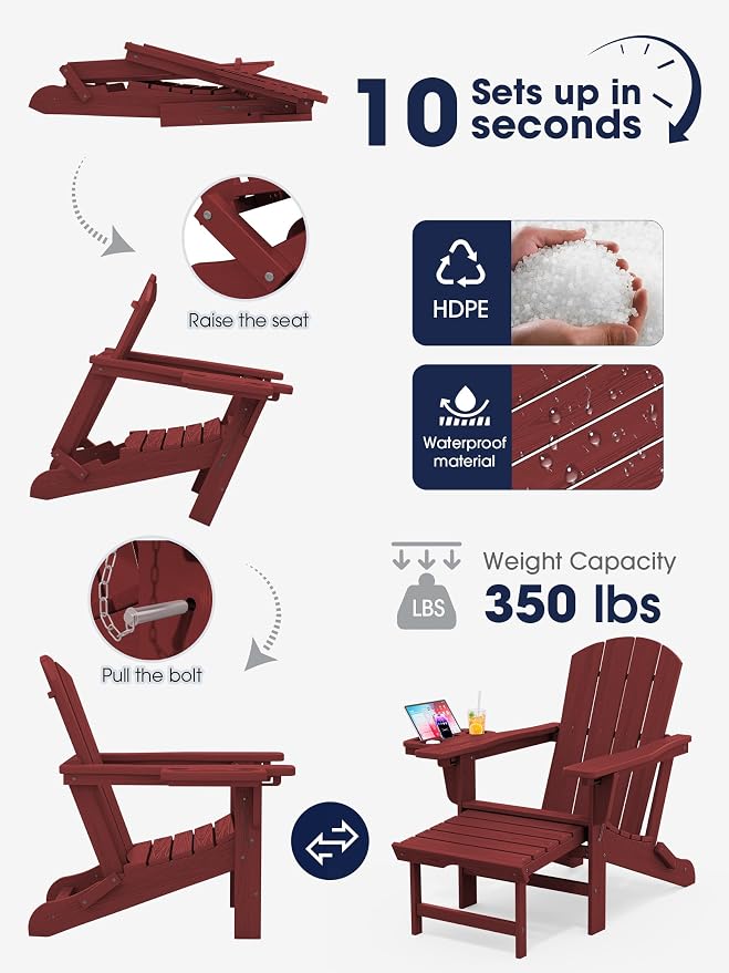 KINGYES Adjustable Folding Adirondack Chair with Footrest & 4-in-1 Multi-Functional Armrest Organizer, HDPE Foldable Recliner Adirondack Chair with Pull-Out Ottoman, Red