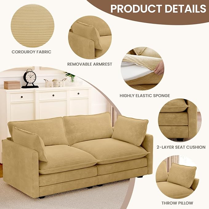 ROWHY 78'' Sectional 2 Seat Cloud Loveseat with 2 Throw Pillows, Modern Corduroy Love Seat, Convertible Cozy Sofa for Living Room, Bedroom and Office, Yellow