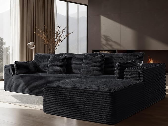 108" Oversized Cloud Sectional Couch, Comfort L Shaped Boneless Couch for Living Room, Extra Deep Seats No Assembly, Modular Sofa, Corduroy (Black, 2 Seater+Right Facing Chaise)