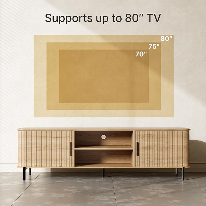 SUNCOZE 70" Mid-Century Fluted TV Stand with Storage, Modern Entertainment Center for TVs up to 80 Inch with Sliding Tambour Doors & Open Shelves, Media Console for Living Room or Bedroom, Wood