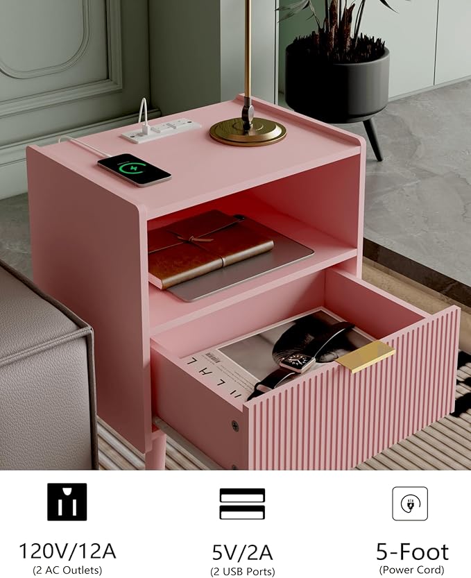 Veegle Nightstand,Modern Bedside Table with Storage Drawer and Open Wood Shelf, Accent Night Stand with Solid Wood Legs for Living Room, Bedroom and Small Spaces,Easy Assembly (Pink-Outlet)