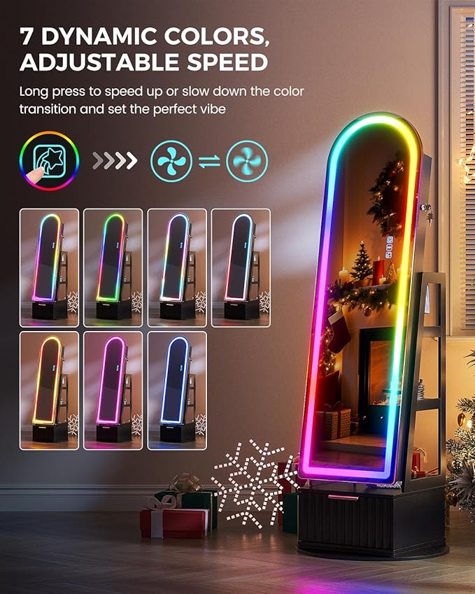 Dystler Arched Jewelry Cabinet with RGB Full-Length Mirror, 360° Swivel Standing Jewelry Armoire with Shelves & Drawer, Lockable Jewelry Organizers and Storage with Remote Control, Black