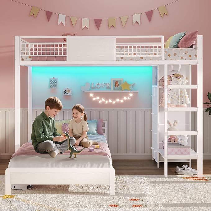 ADORNEVE Bunk Bed Twin Over Twin Size with 8 Storage Drawers, Twin Bunk Beds with Led Lights & Storage Shelves, Metal Loft Bed with 13.4" H Safety Guardrail & Ladder, for Kids & Teens, White