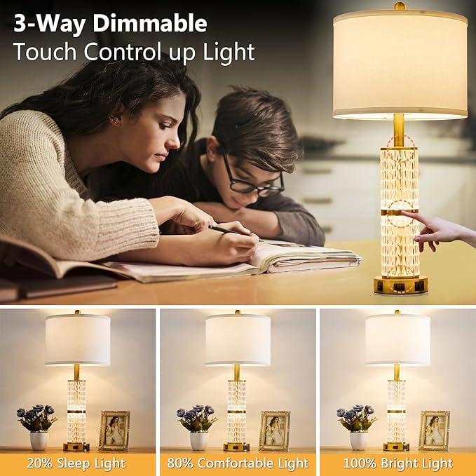 SAIWEYA Crystal Table Lamps Modern 3-Way Dimmable Bedside Lamp with 2 USB Ports & AC Outlets for Living Room Bedroom Nightstand Lamp Night Light