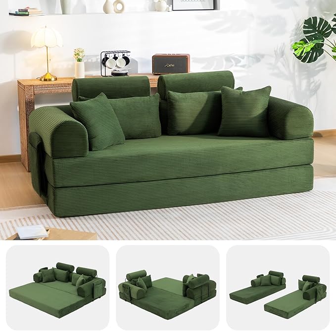 79" Convertible Boneless Couch for Small Spaces, 6-in-1 Corduroy Sofa Bed with High Backrest, Pillows, High-Density Foam Loveseat Sleeper Couch in a Box for Living Room, No Assembly, Olive Green