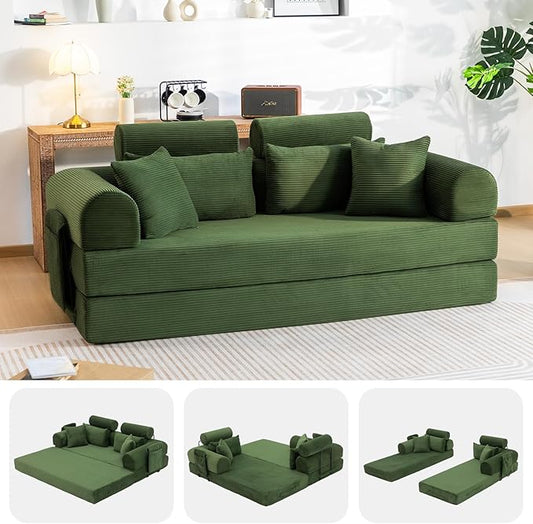 79" Convertible Boneless Couch for Small Spaces, 6-in-1 Corduroy Sofa Bed with High Backrest, Pillows, High-Density Foam Loveseat Sleeper Couch in a Box for Living Room, No Assembly, Olive Green