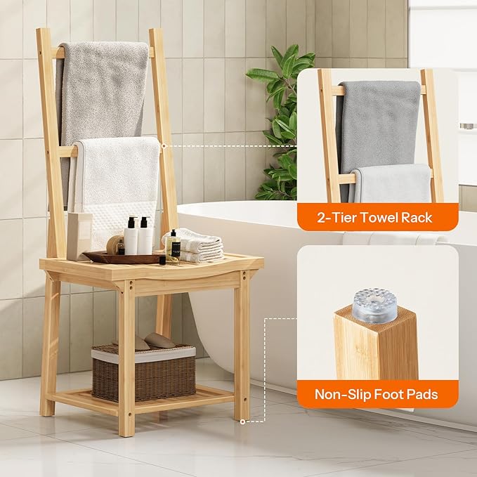 HOOBRO Freestanding Towel Rack for Bathroom, Bamboo Blanket Rack, Quilt Display Stand with Storage Shelf, Towel Rack for Living Room, Bedroom, Decorative Display Ladder Shelf, Natural YL101CJ01