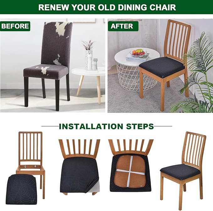 CRFATOP Waterproof Seat Covers for Dining Room Chairs Set of 4 with Stretch Bench Slipcover Jacquard Kitchen Chair Slipcover Washable Seat Cushion Slipcover for Hotel Banquet Wedding Party, Black