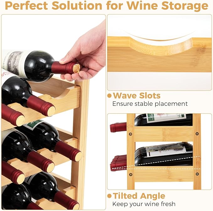COSTWAY 3-Tier Bamboo Wine Rack, 18-Bottle Tabletop Wine Holder with Wave Slot, Freestanding Countertop Wine Bottle Organizer for Kitchen, Pantry, Pub & Wine Cellar, Natural (24.5L x 9.5W x 15H)