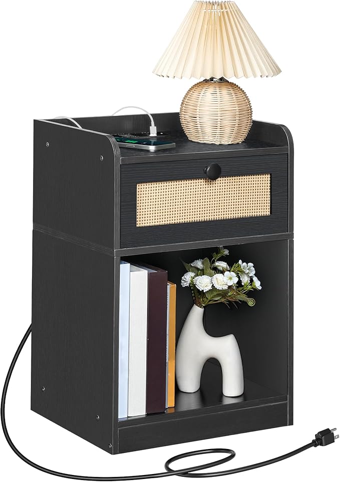 CHOEZON Nightstand, End Table with Charging Station, Side Table with Rattan-Style Drawer and Storage Shelf, Modern Sofa Table with 1 AC Outlet and 2 USB Ports, for Bedroom, Black MBZ01UBB