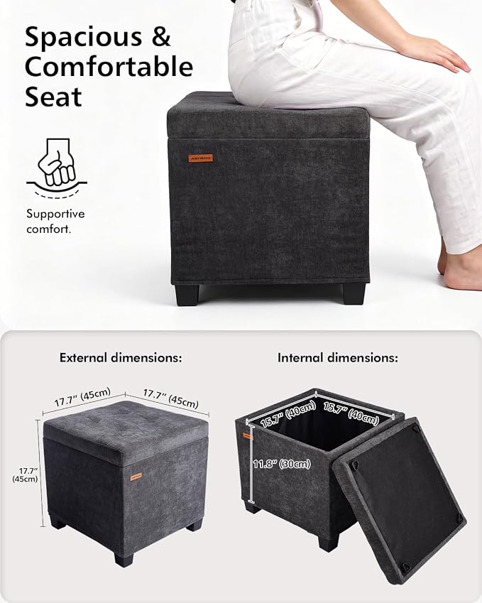 ABHENG Chenille Cover Steel Frame Ottoman with 48L Storage,17.7" x 17.7" x 17.7" Square Linen Storage Ottoman Stool Cube with Legs,for Dorm Livingroom Charcoal UASND641B