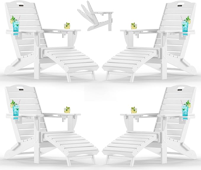 Ciokea Folding Adirondack Chair Set of 4 with Retractable Ottoman Fire Pit Patio Chair with Pull Out Foot Rest Weather Resistant Lawn Outdoor Chair with 2 Cup Holder (White)