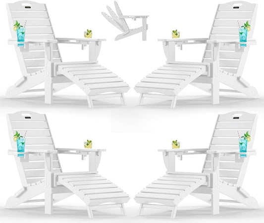 Ciokea Folding Adirondack Chair Set of 4 with Retractable Ottoman Fire Pit Patio Chair with Pull Out Foot Rest Weather Resistant Lawn Outdoor Chair with 2 Cup Holder (White)