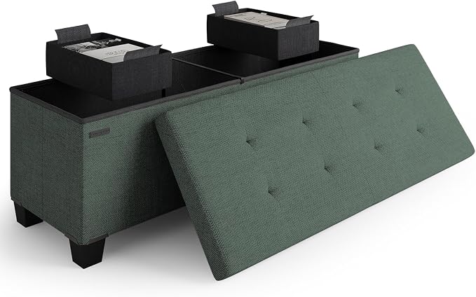 Storage Ottoman Bench with Bins, 43-in Storage Bench for Bedroom End of Bed, Folding Foot Rest Ottoman for Living Room Max 660lbs, Fabric Ottomans, Green