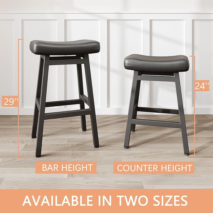 Raynesys 29 Inches Bar Stools Set of 2, Bar Height Barstools for Home Counter, Blackless Barstool with Bonded Leather Saddle Seats & Heavy Duty Metal Legs, Easy Assembly, All Black