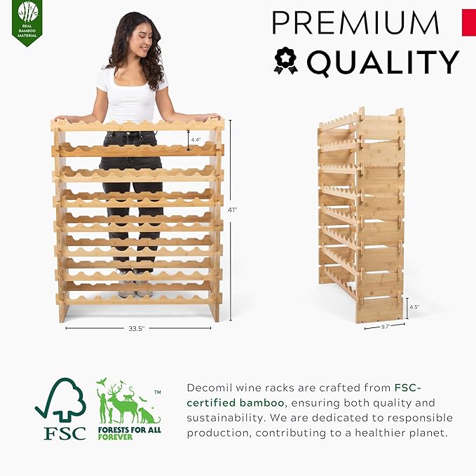 DECOMIL - 72 Bottle Stackable Modular Wine Rack Wine Storage Rack Solid Bamboo Wine Holder Display Shelves, Wobble-Free (Eight-Tier, 72 Bottle Capacity)