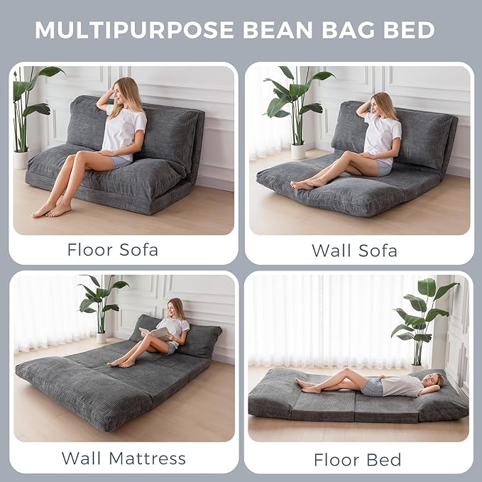 MAXYOYO Folding Sofa Bed, Extra Thick and Long Floor Sofa Convertible Sleeper Chair with Washable Cover, Floor Couch Lounge Bean Bag Bed for Living Room, Dark Grey, 30x95 Inch