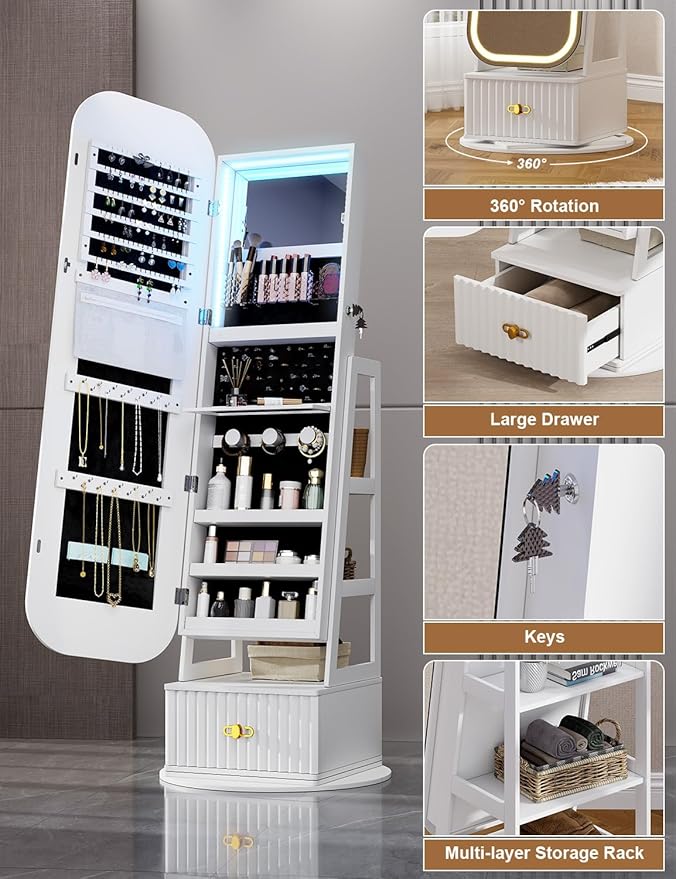 360° Swivel Jewelry Cabinet with Lights - RGB Vanity Mirror | Rotatable Full Length Mirror with Jewelry Storage, Standing Jewelry Armoire Organizer, Foldable Makeup Shelf, White (White)