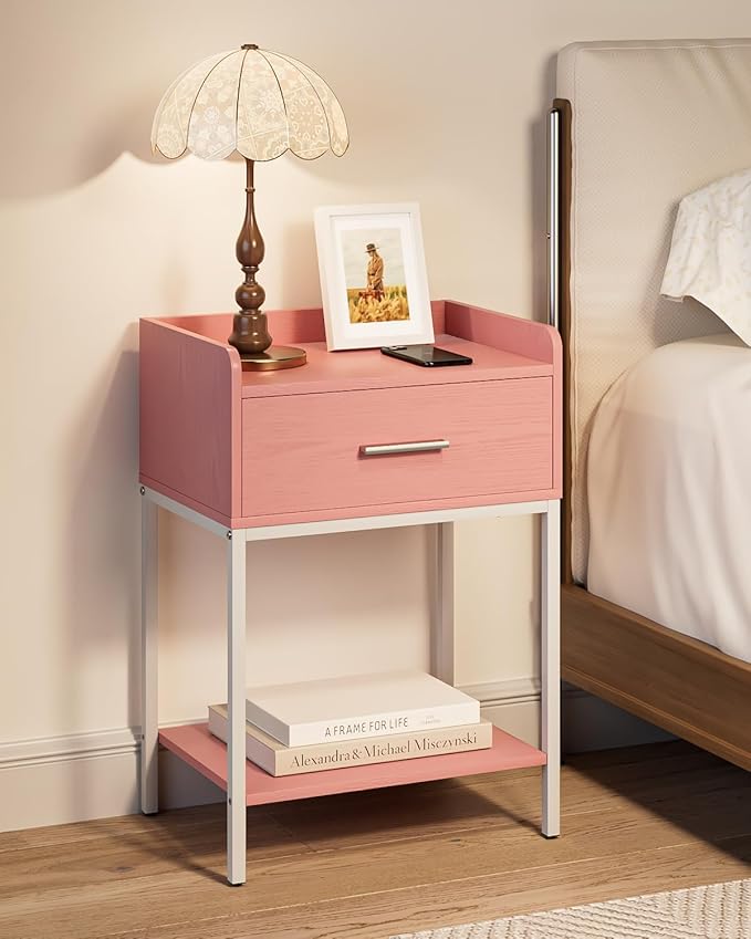 Nightstand,Modern Bedside Table Night Stand with Storage Drawer and Open Shelf,Small End Side Table for Bedroom,Living Room,Pink