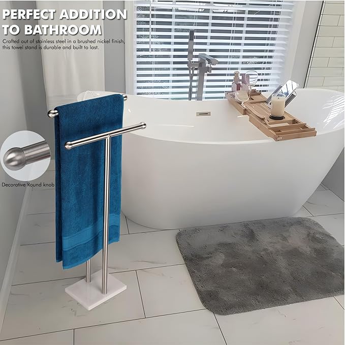 WAYDELI Standing Towel Rack Double-T Shape Tall Bath Towel Sheet Holder with Marble Design Base for Bathroom 2 Tier Towel Holder Stand Stainless Steel (Brushed Nickel)