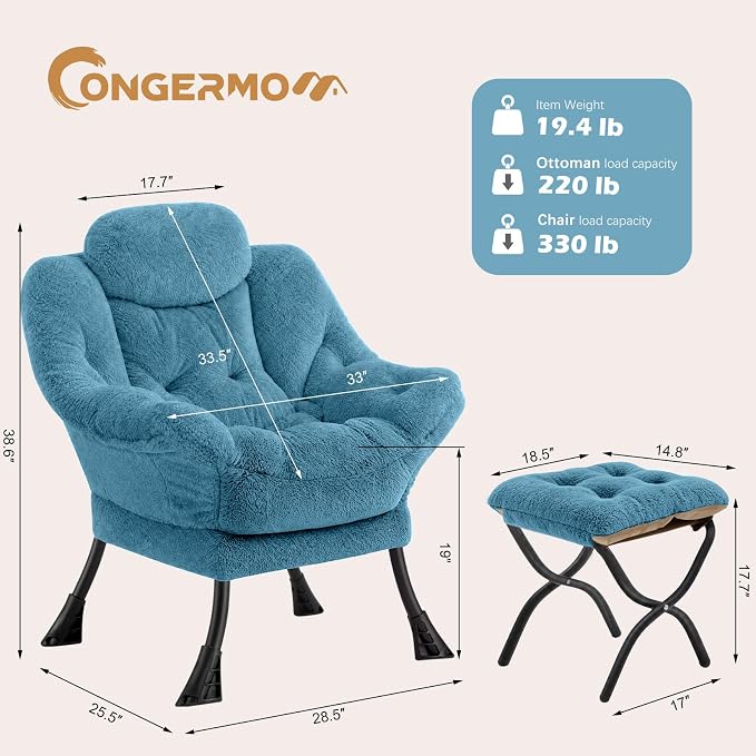 Lazy Chair with Folding Ottoman,Leisure Sofa Chair,Soft Fabric Armchair with Armrests and Side Pockets, Reading Chair with Footrest for Living Room, Bedroom, Office (Plush Blue)