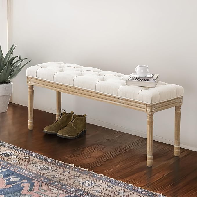 LUE BONA 44" Bedroom Bench, Fabric End of Bed Bench, Upholstered French Tufted Ottoman Bench with Carved Wood Legs for Bedroom End of Double Full Queen Size Bed, Living Room, Beige
