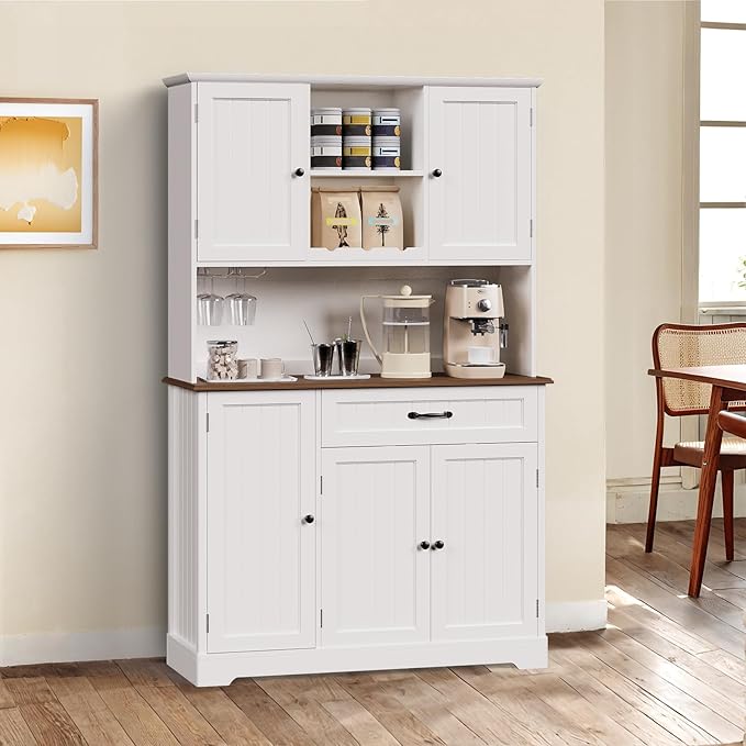 Gizoon Kitchen Pantry Cabinet with Countertop Kitchen Hutch Storage Cabinet 67.7" Tall Pantry Coffee Bar with Storage for Dining Room and Craft Room, White and Rustic
